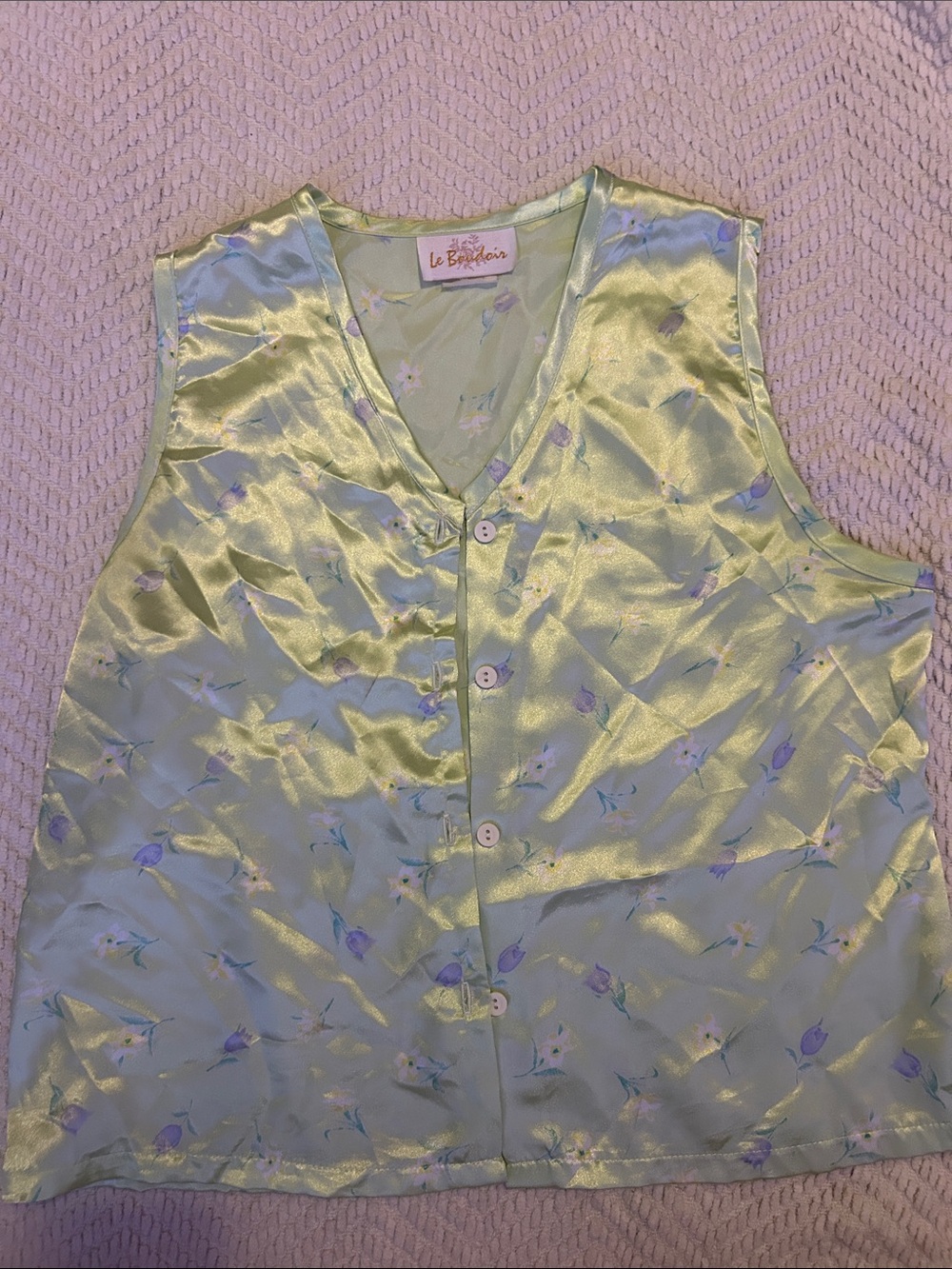 Satin Floral Button Front Tank - Light Green with Lavender